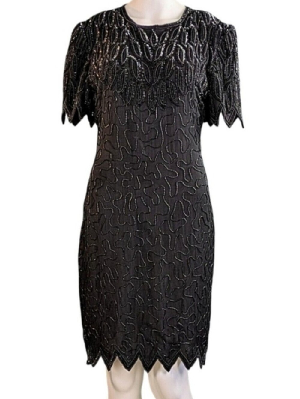 Vintage Laurence Kazar Beaded Silk Cocktail Dress 90s BEAUTIFUL! - Picture 4 of 17